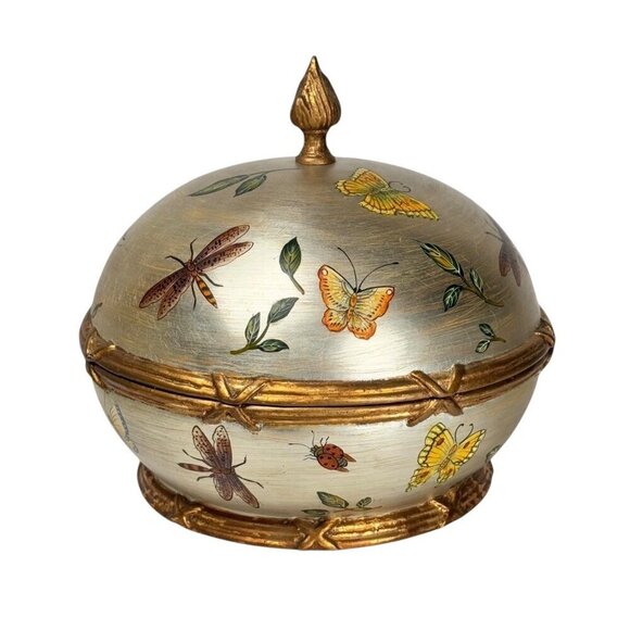 VTG Large Decorative Wooden Box Round Silver Floral Hand Painted Luxury Home - Picture 1 of 10